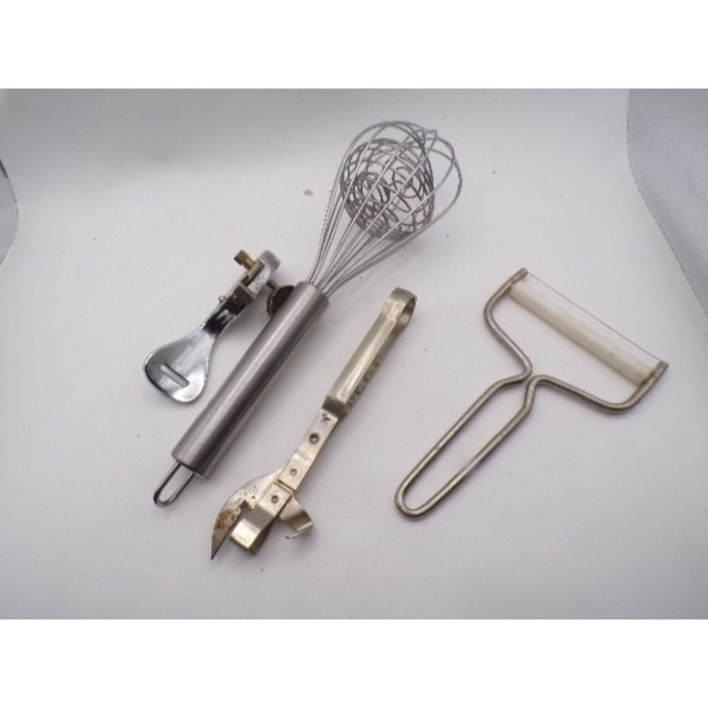 Vintage Kitchen Tool‎ Lot Whisk Cheese Slicer Manual Can Openers Stainless Steel